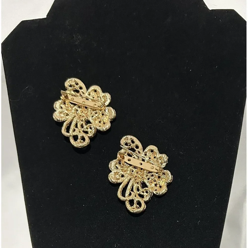 Rhinestone Butterfly‎ Brooch Pins Set of 2 Sparkly Goldtone